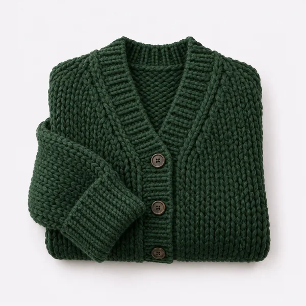 Green knit cardigan for a sample store window